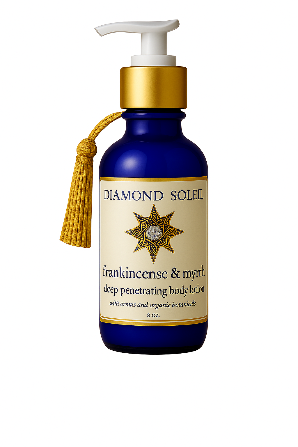 Diamond Soleil Frankincense & Myrrh Body Lotion – cobalt blue glass bottle with gold collar, white pump, and gold tassel on clean white background.
