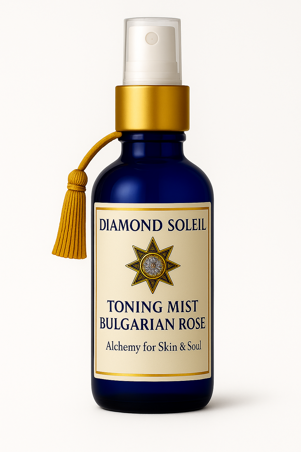 Diamond Soleil Toning Mist – Bulgarian Rose in cobalt blue glass bottle with gold collar and tassel, shown on a white background.