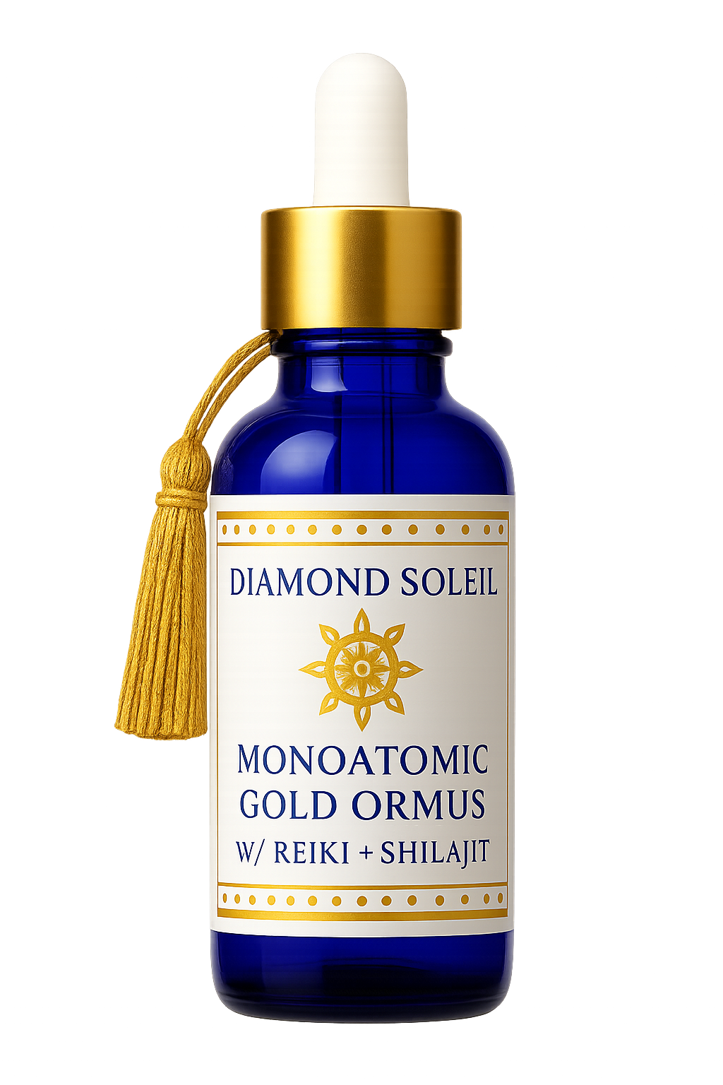 Diamond Soleil Monoatomic Gold ORMUS Elixir in cobalt blue glass bottle with white dropper and gold collar, featuring a gold tassel on a white background