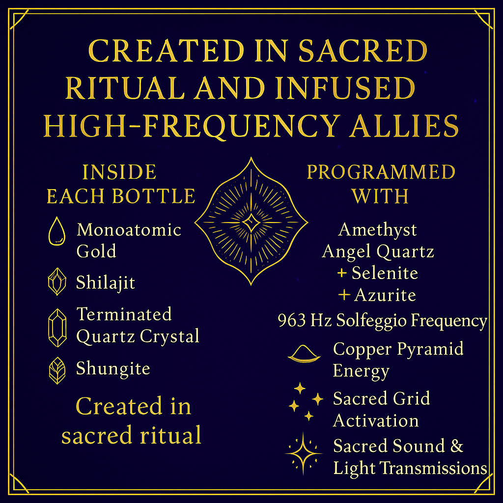 Chart listing sacred ritual infusion ingredients like 24K gold, Shilajit, Shungite, and high-frequency allies such as crystal energy and solfeggio tones.