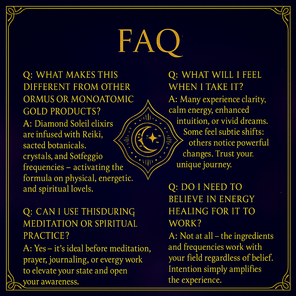 Frequently Asked Questions tile addressing safety, dosage, ingredients, and common elixir inquiries with a dark celestial background.
