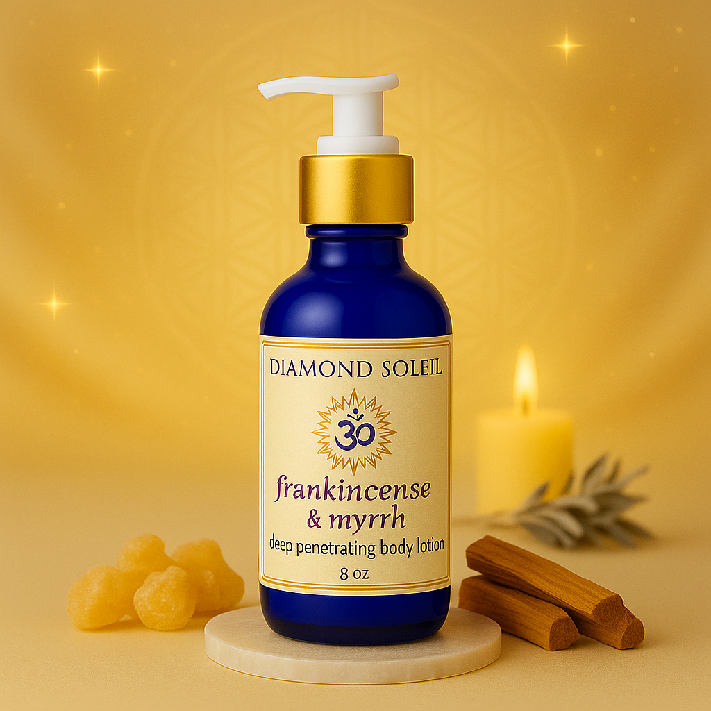 Frankincense & Myrrh Body Lotion on a golden sacred altar surrounded by glowing candles, palo santo, and frankincense resin – luxury spiritual skincare ambiance.