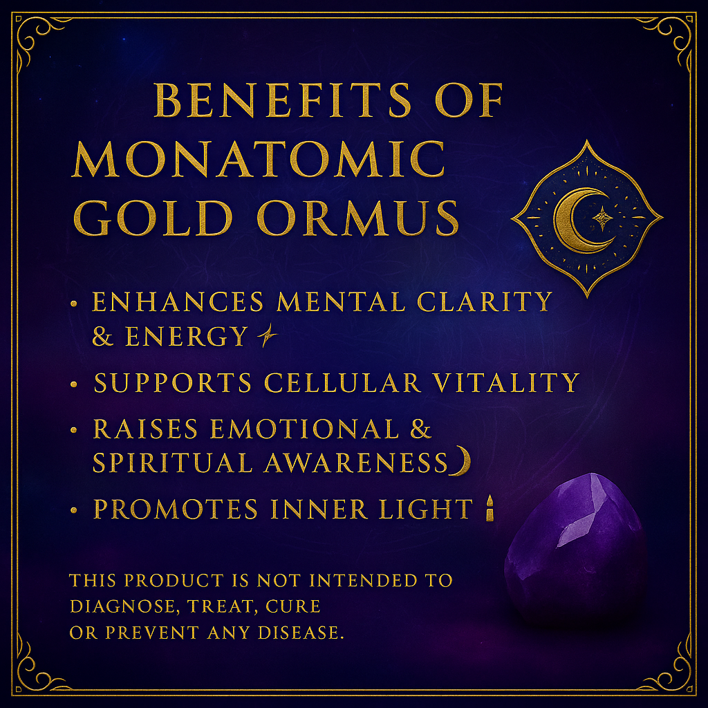 List of ORMUS elixir benefits including enhanced mental clarity, cellular vitality support, raised spiritual awareness, and pineal activation.