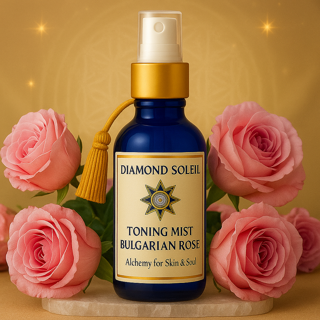 Diamond Soleil Toning Mist – Bulgarian Rose bottle with white spray top, gold collar, and tassel surrounded by pink roses on a golden altar with a soft celestial background.