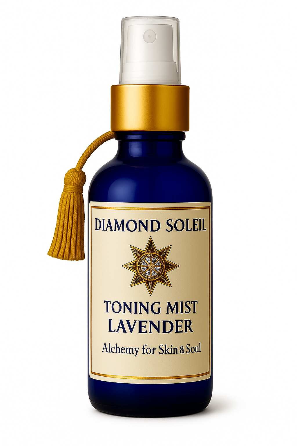 Diamond Soleil Toning Mist – Lavender in cobalt blue glass bottle with gold collar and tassel, shown on a white background.