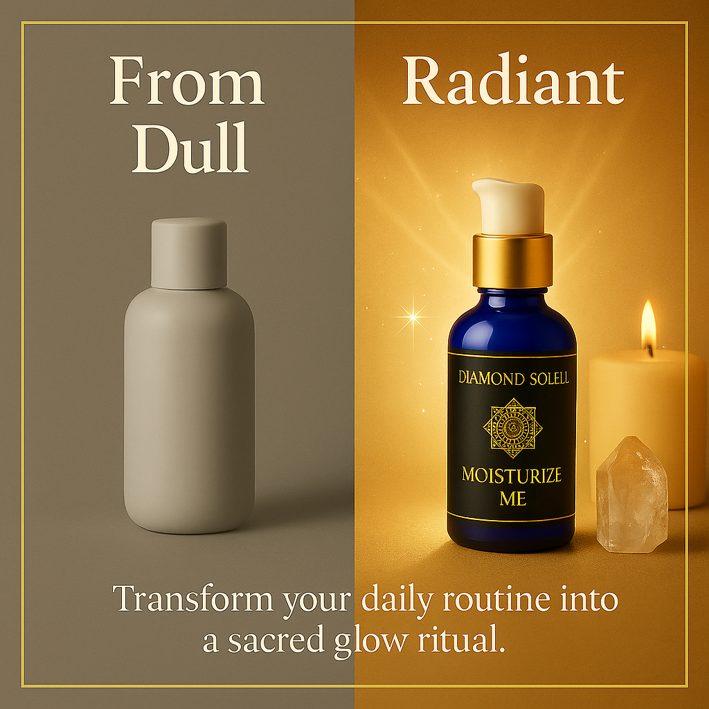 Before and after image showing the radiance-boosting effects of Diamond Soleil Ormus Skincare – monoatomic gold cream that transforms dull skin into a sacred glow