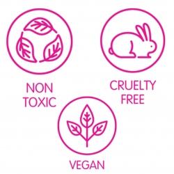 Pink icons for non-toxic, cruelty-free, and vegan skincare – ethical and clean beauty guarantees.