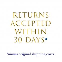 Gold serif text reads ‘Returns Accepted Within 30 Days’ on white background – with fine print about original shipping cost exclusions.
